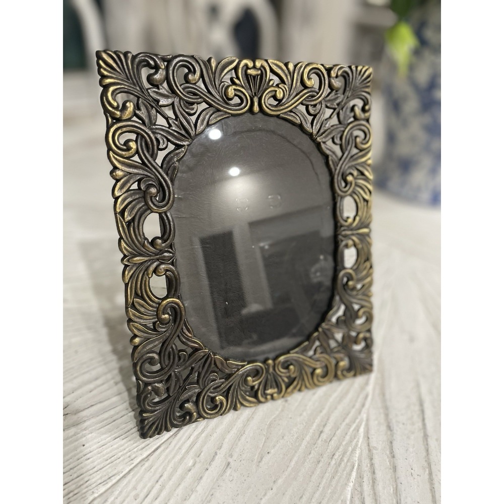 Vintage Heavy Antique Brass Colored Metal Filigree Picture Frame Holds 5" X 7"